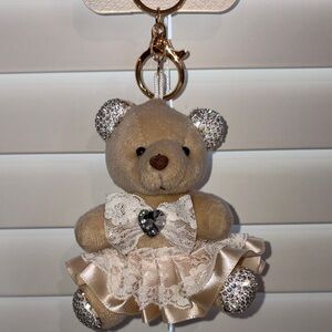 Natasha Couture Tan and Silver Rhinestone and Plush Teddy Bear Bag Charm